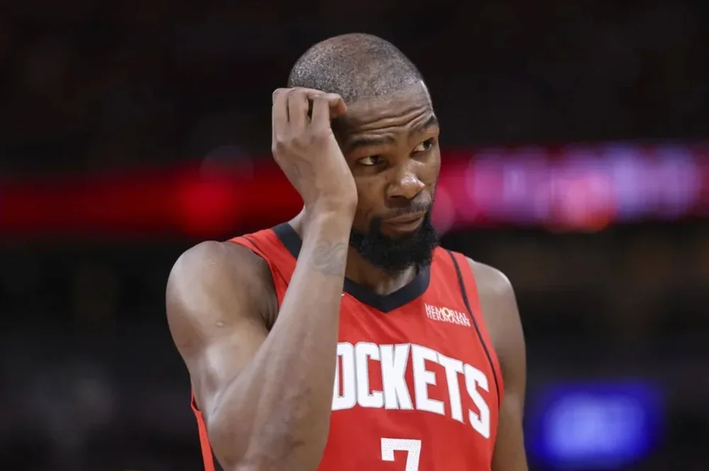 Oct 24, 2025; Houston, Texas, USA; Houston Rockets forward Kevin Durant (7) reacts after a play during the third quarter against the Detroit Pistons at Toyota Center. Mandatory Credit: Troy Taormina-Imagn Images
