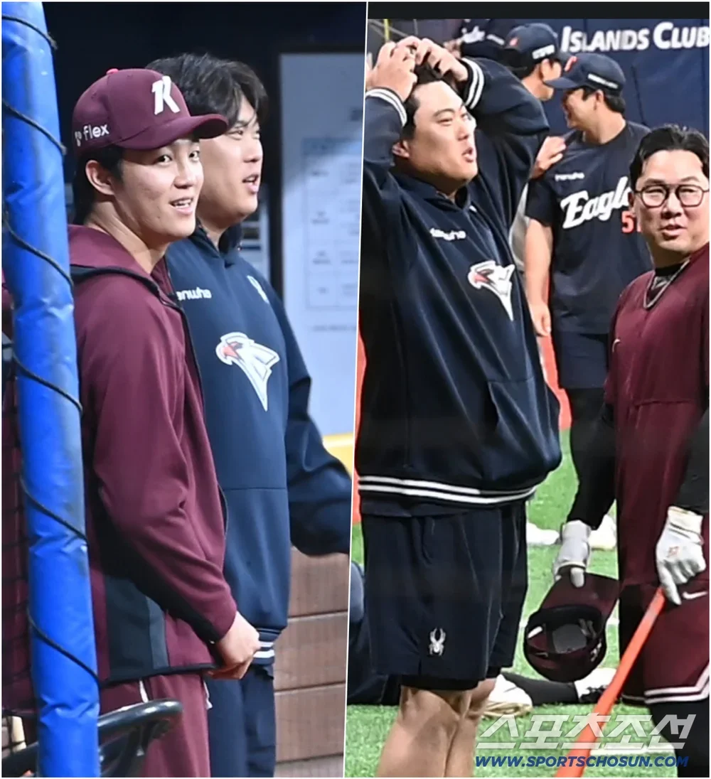 '괴물'뜨자 버선발로 달려온 안우진, 미소로 맞이한 안치홍…류현진 선발 등판 앞두고 '훈훈'[고척 현장]