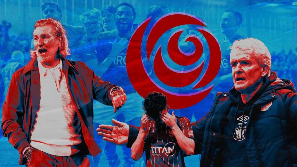 Composite image featuring Forest Green boss Robbie Savage and Carlisle's Mark Hughes with Oldham players celebrating in the background as York's Lewis Richardson has his head in his hands